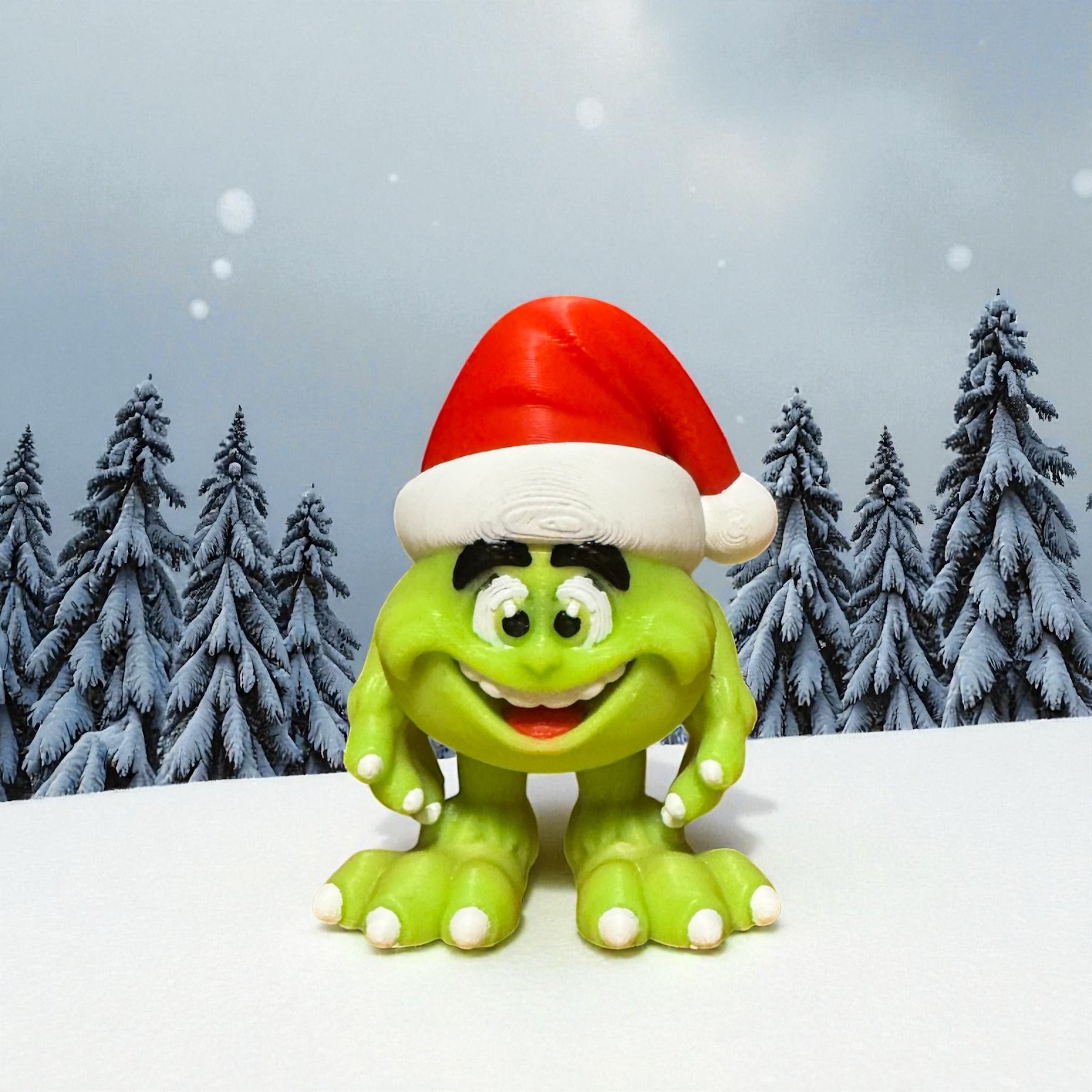 Little Baby Grinch figurine with a Santa hat in a snowy landscape