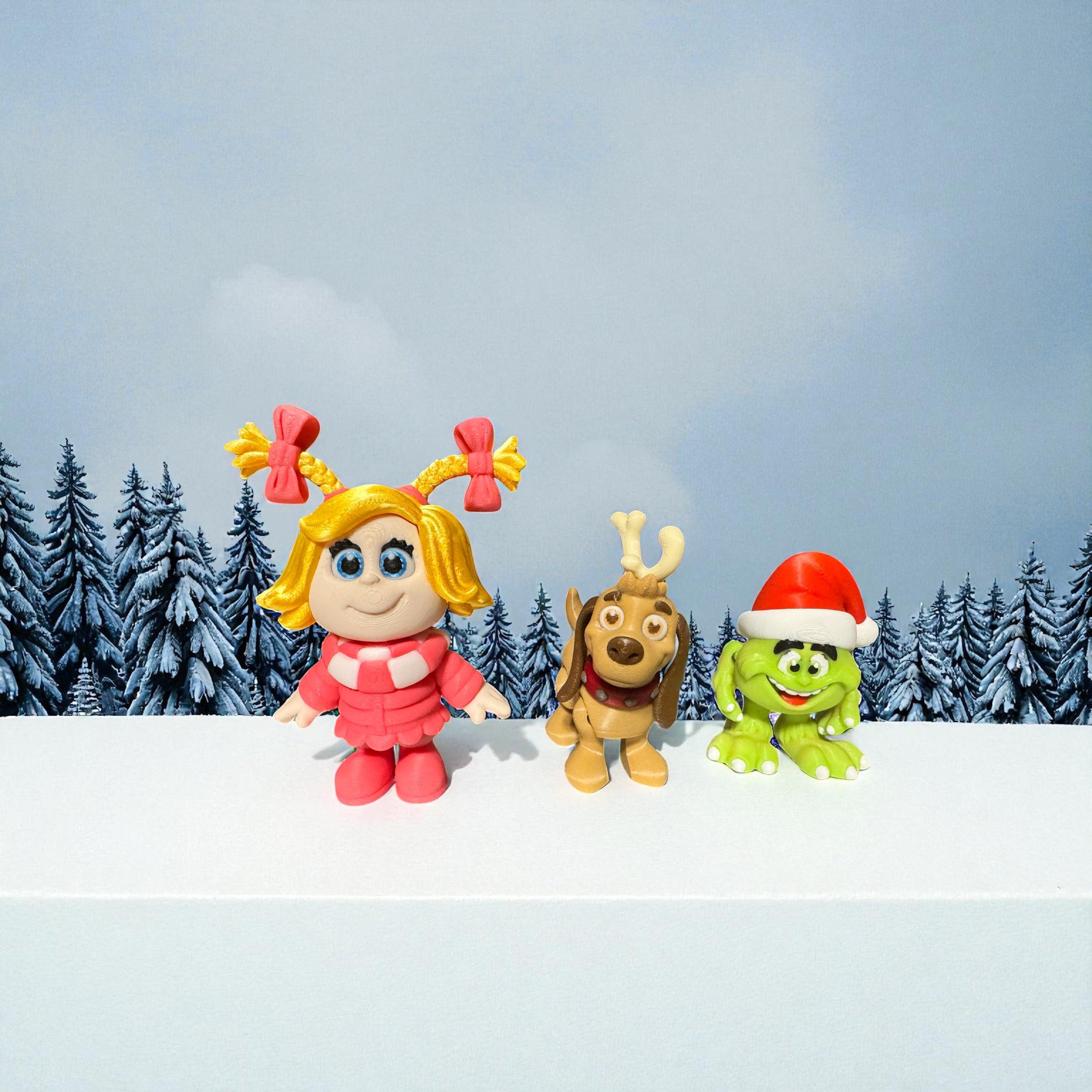 Cindy Lou Who, Max the Dog and a Baby Grinch against a snowy landscape background