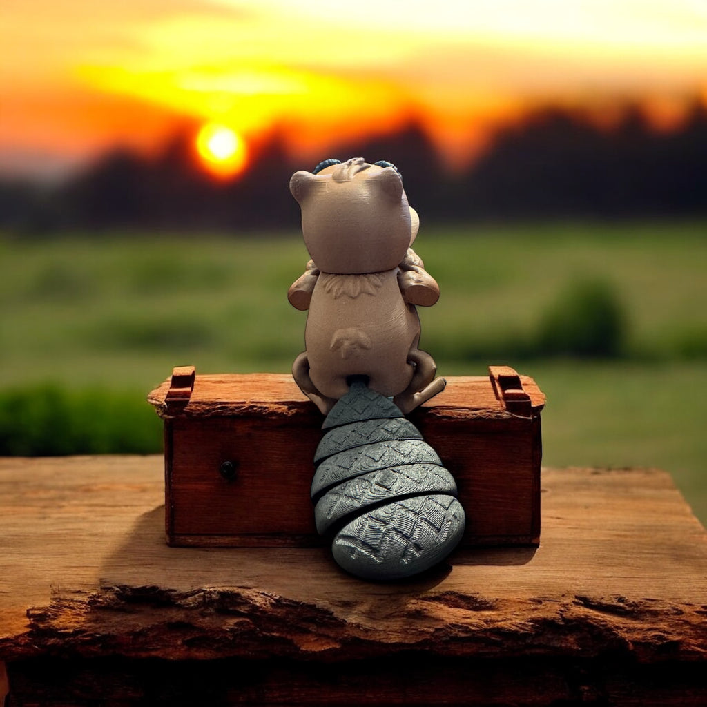 A beaver model sitting on a wooden box facing the sunset