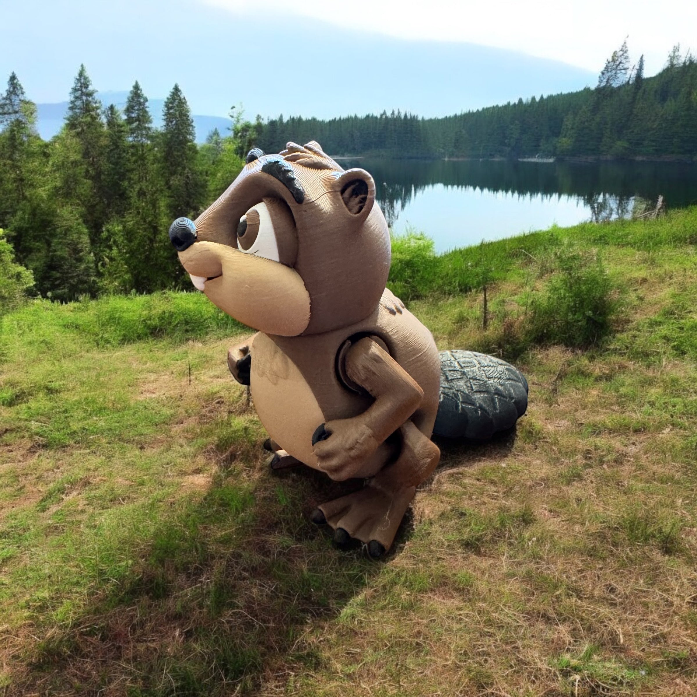 A cute beaver model turned sideways next to a grove trees and a lake