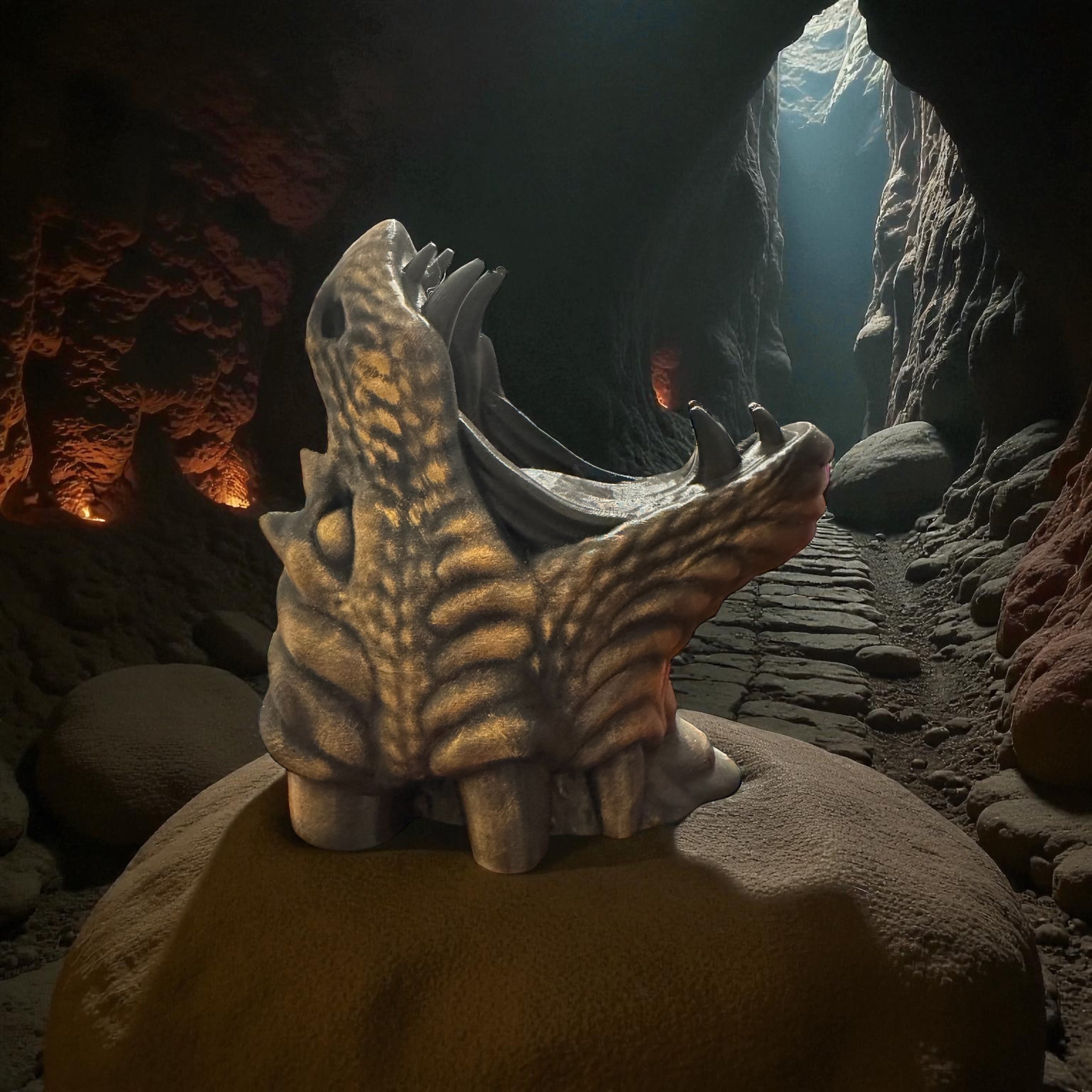 Stylized dragon sculpture in a cave setting