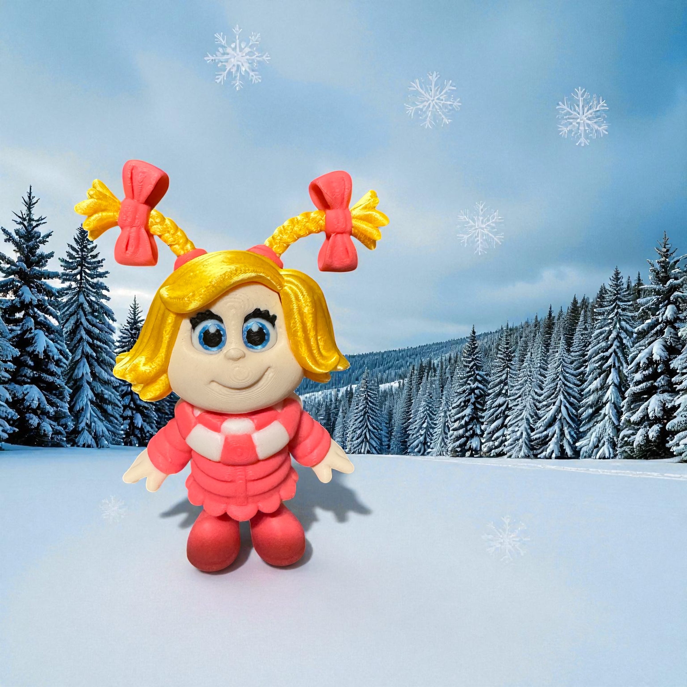 Cindy Lou Who with yellow hair and red bows in a snowy landscape with trees and snowflakes.