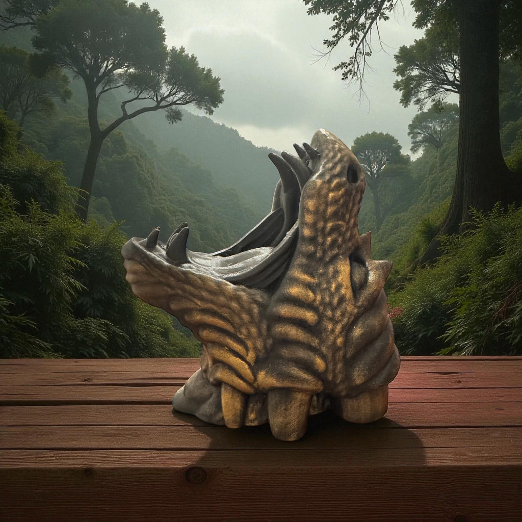 Dragon controller holder on a wooden platform with a forest background