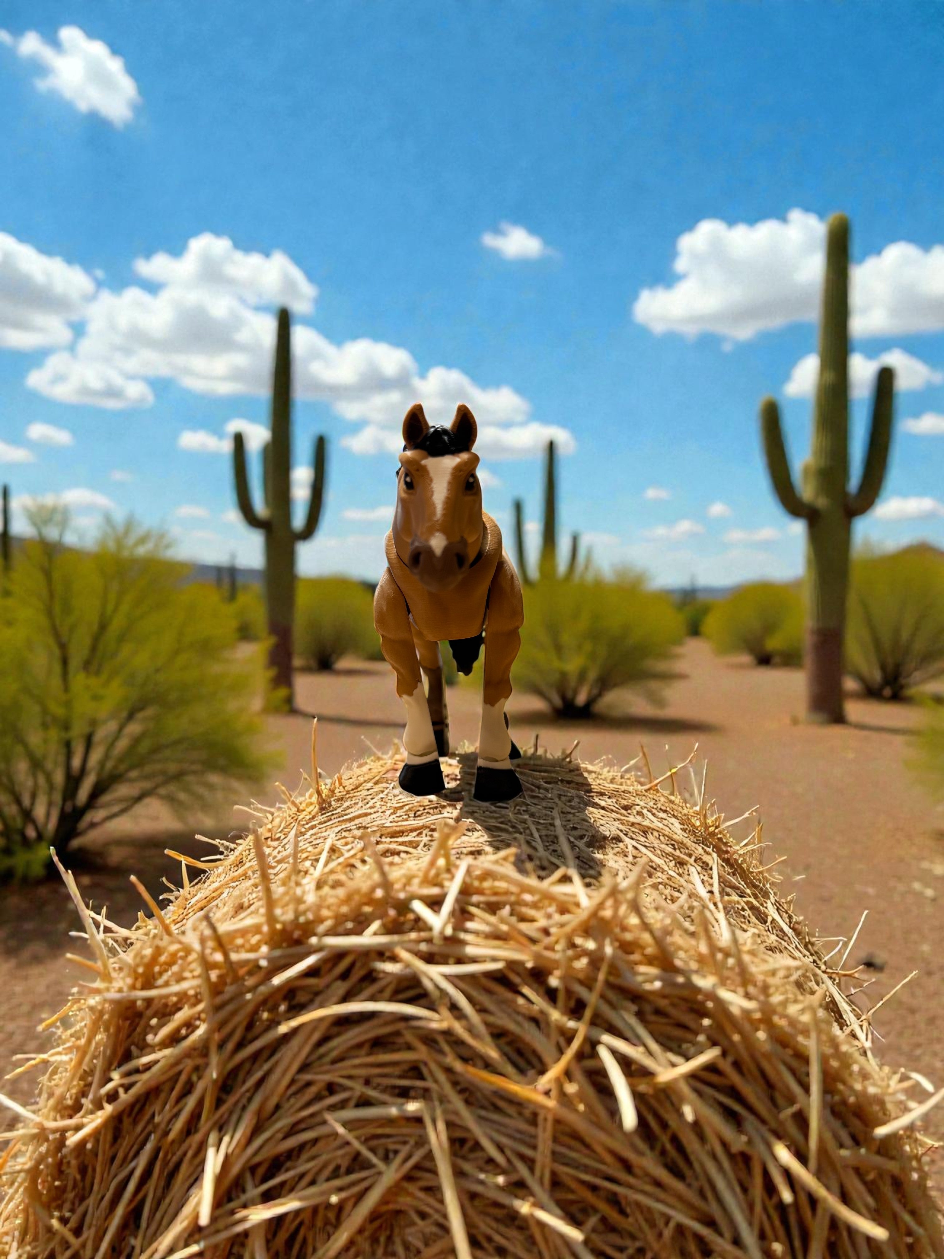 Model horse on a hay bale with cacti and desert landscape in the background