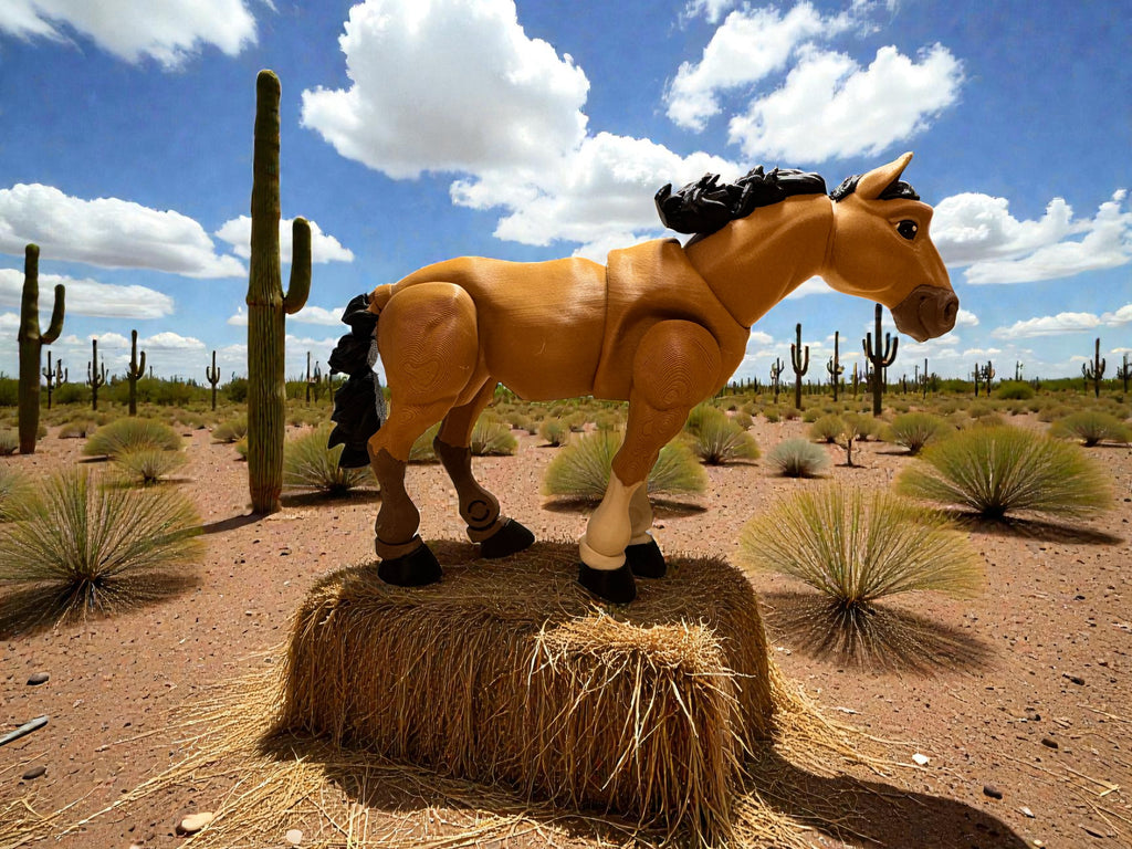 Model horse on a hay bale in a desert landscape with cacti and blue sky.