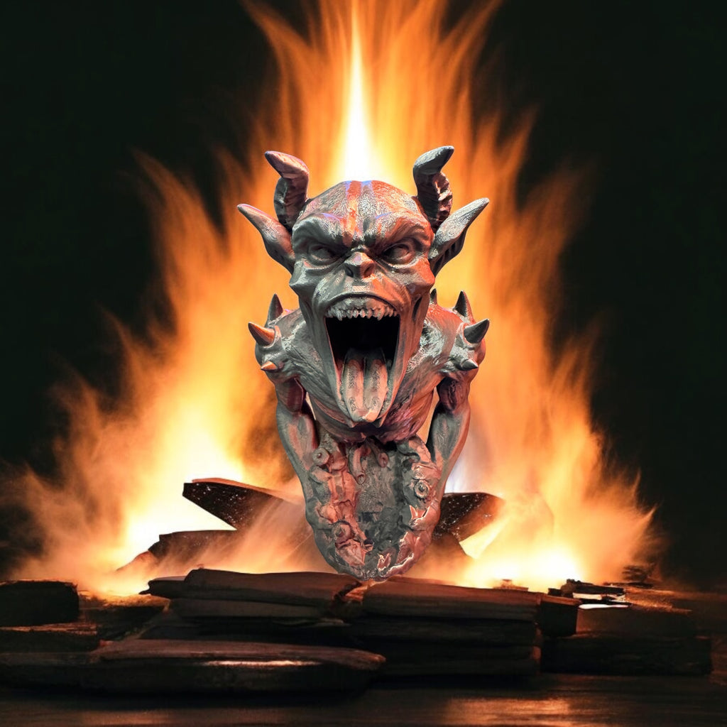 A 3D printed dice tower designed to resemble a stylized demon with horns, in a fiery backdrop, meant for tabletop gaming.