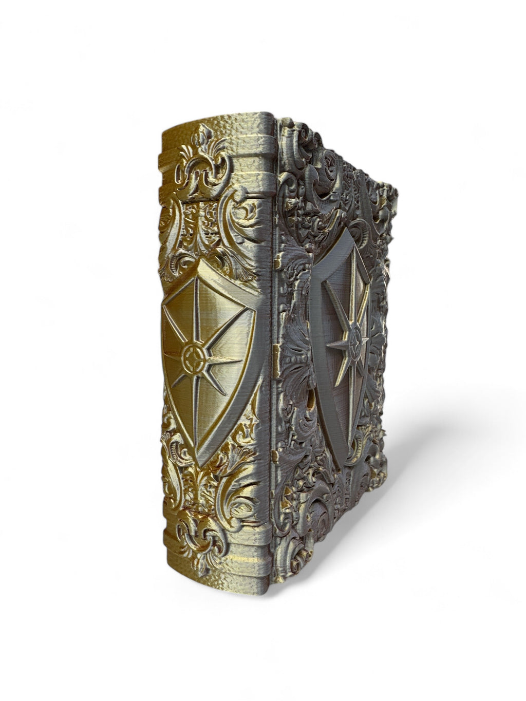 A 3D printed, multicolored dice tray with intricate designs and a shield emblem in the center, known as The Paladins Tome.