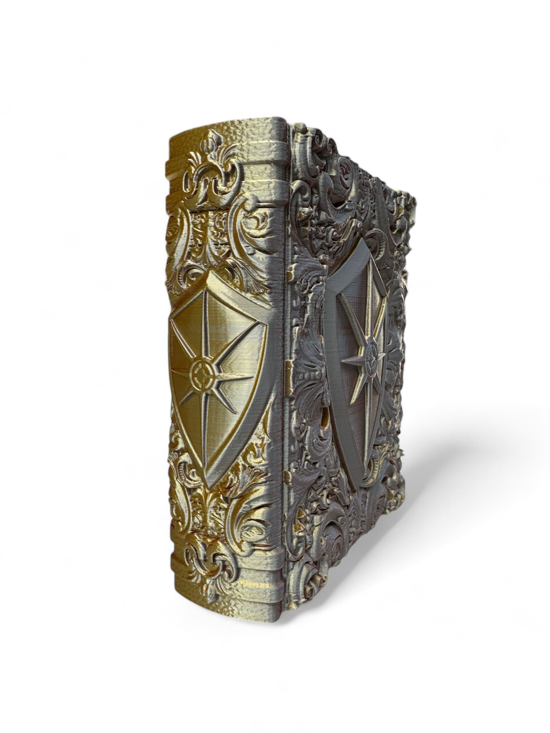 A 3D printed, multicolored dice tray with intricate designs and a shield emblem in the center, known as The Paladins Tome.