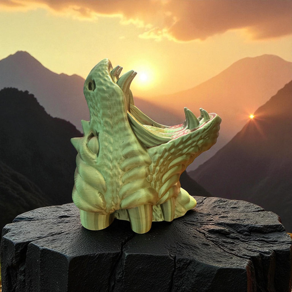 Green dragon controller holder on a rock with a mountainous landscape and sunset in the background