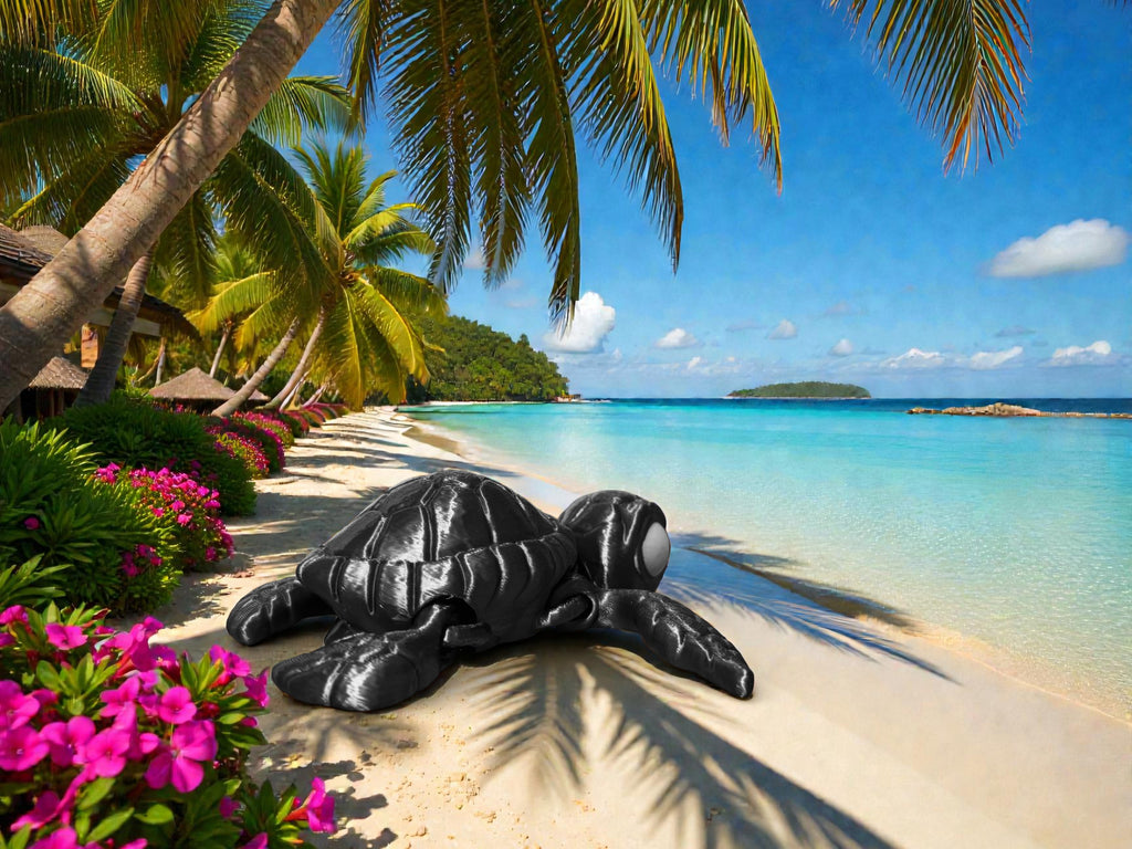 Sea turtle Model on a tropical beach with palm trees and flowers.
