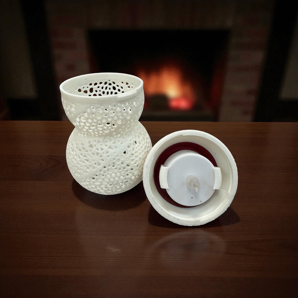 Decorative snowman and components, fireplace in the background