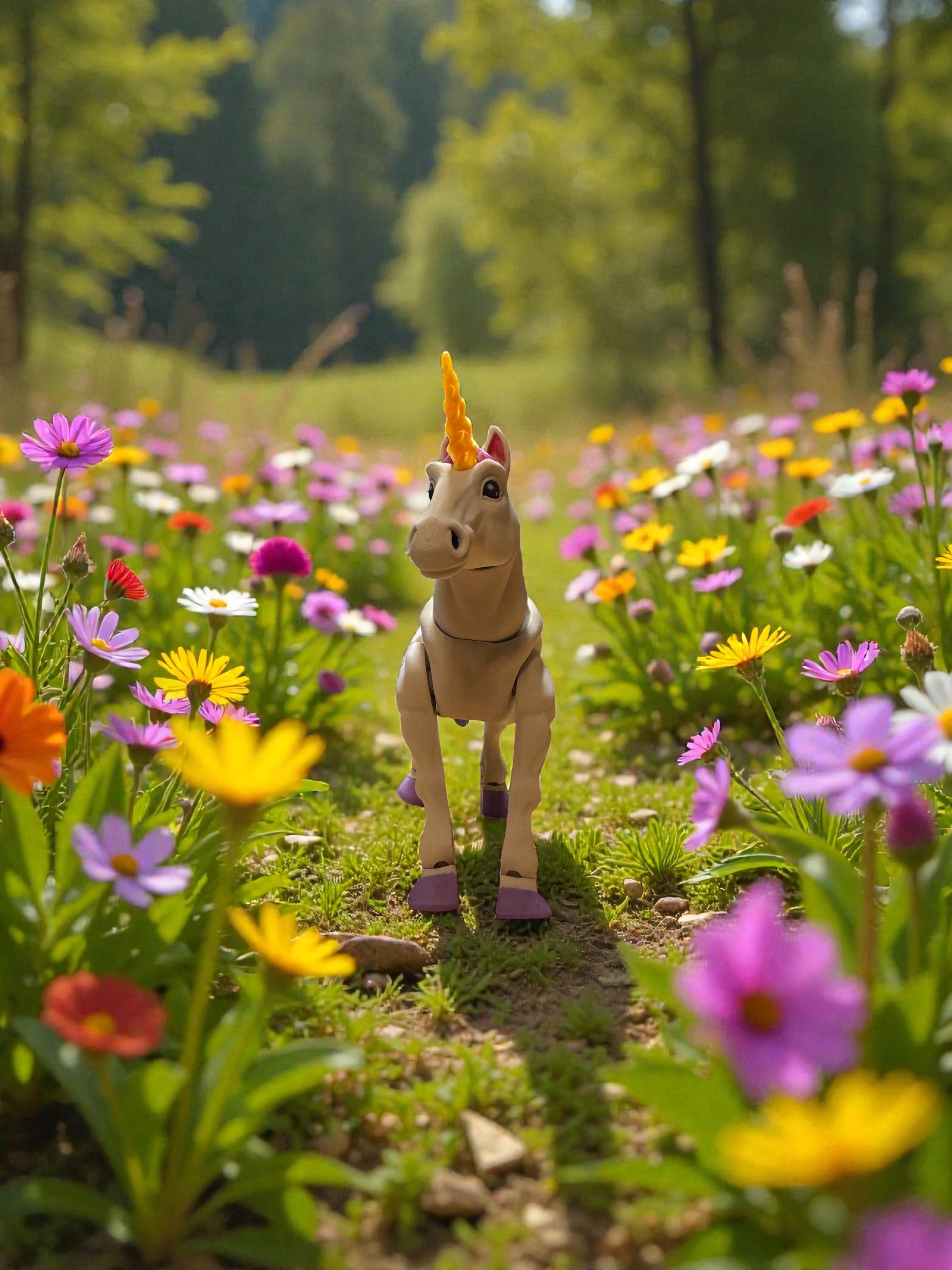 Model unicorn standing in a field of colorful flowers with a blurred forest background