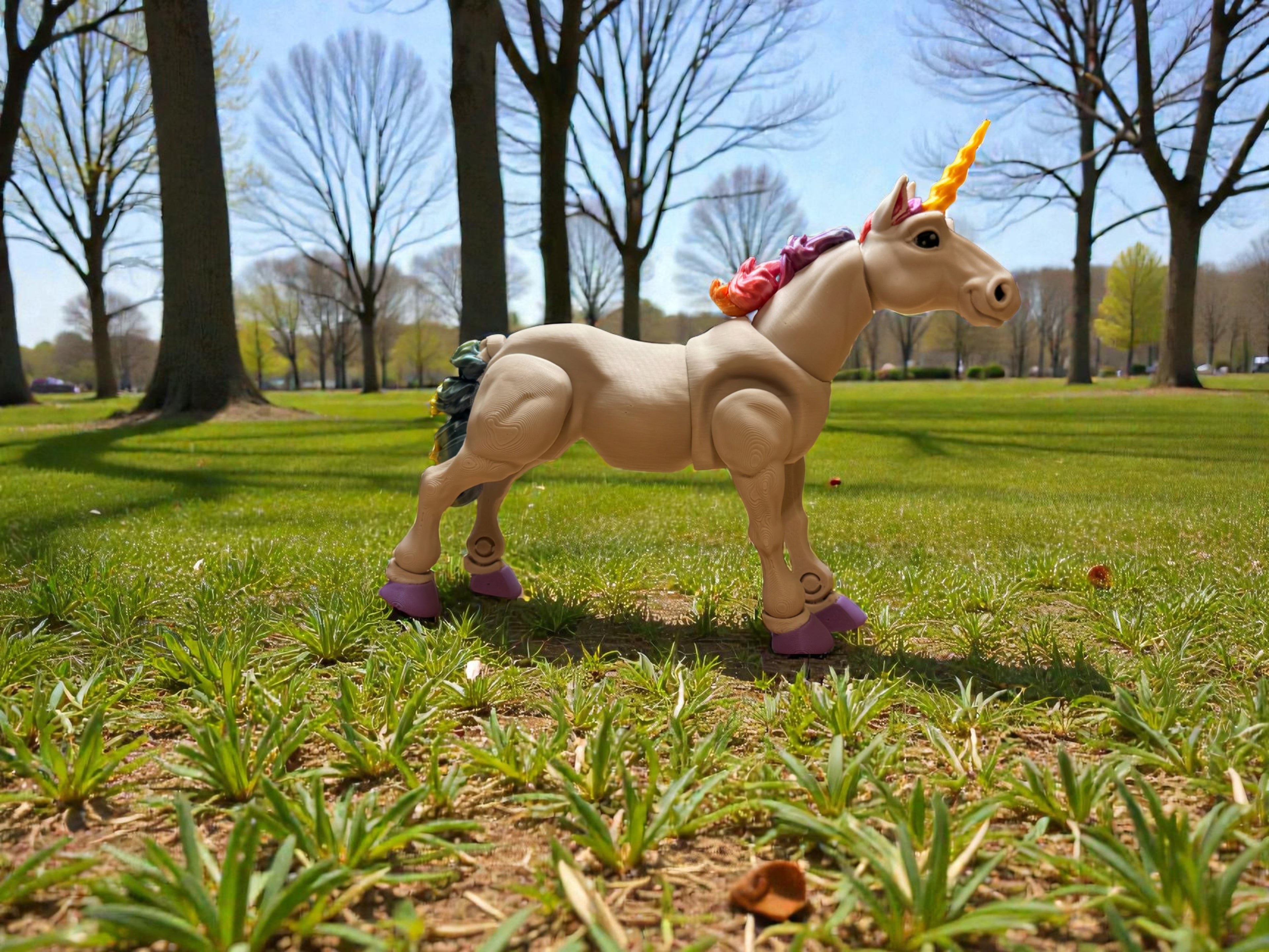 Model unicorn with a colorful mane and horn standing on grass