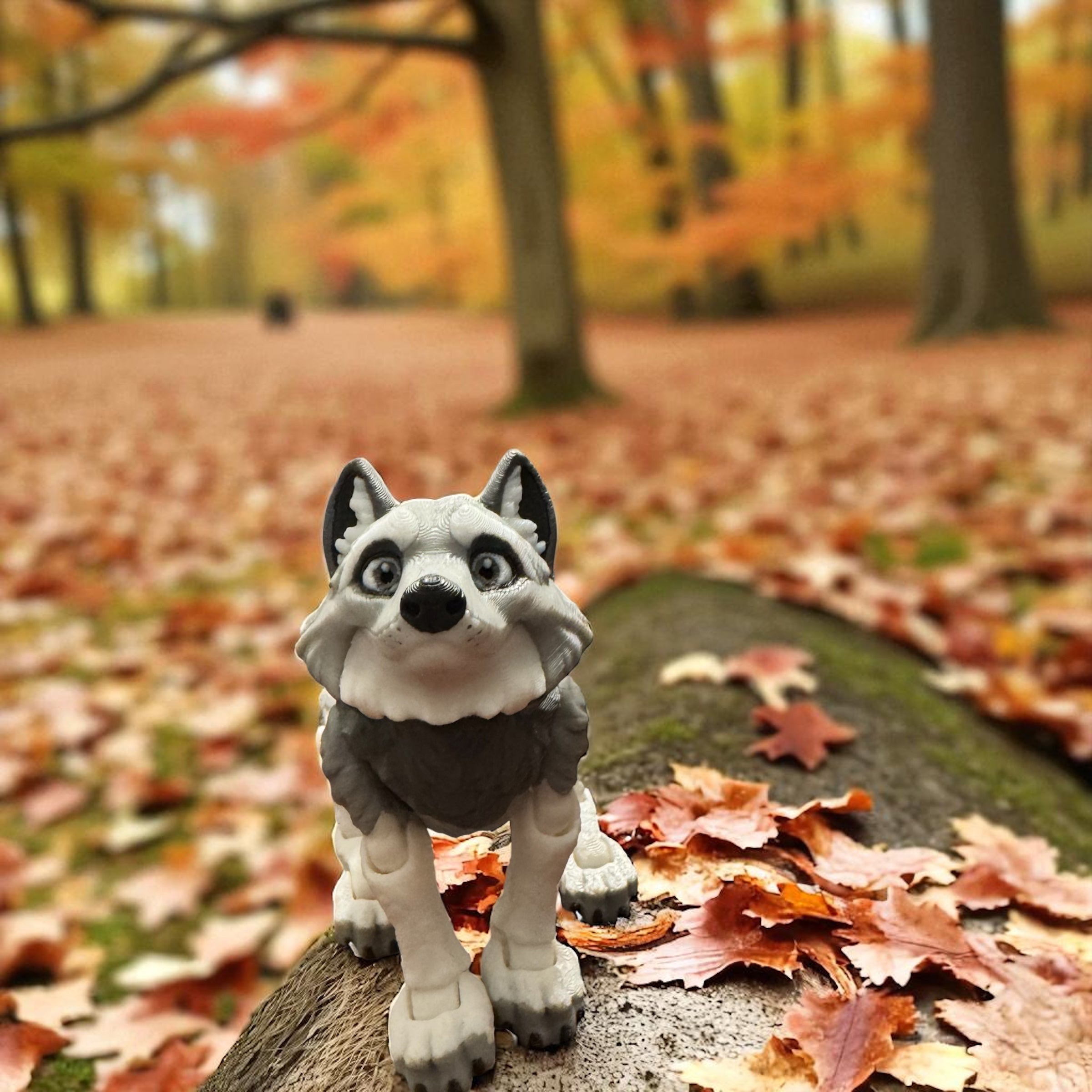 3D printed wolf figure on a log with an autumn forest background