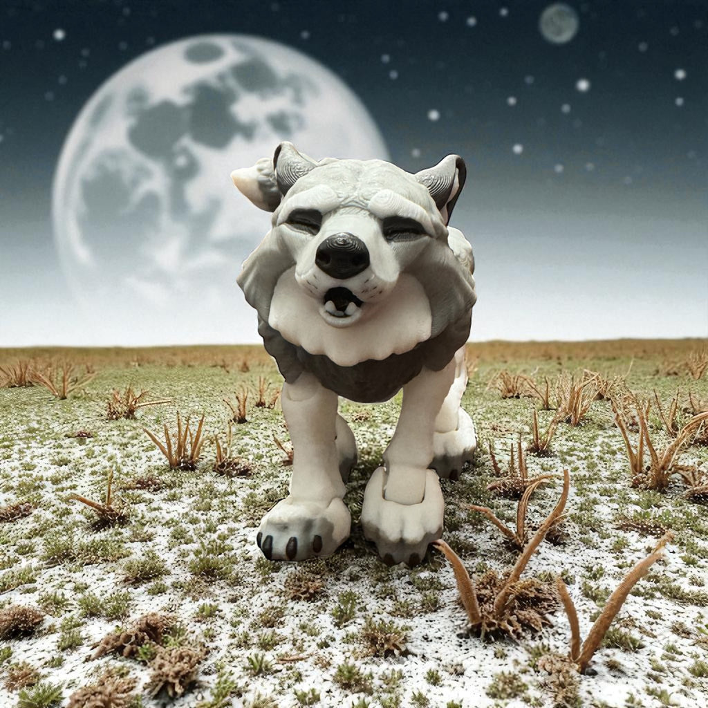 Wolf figurine in a snowy landscape with a full moon in the background