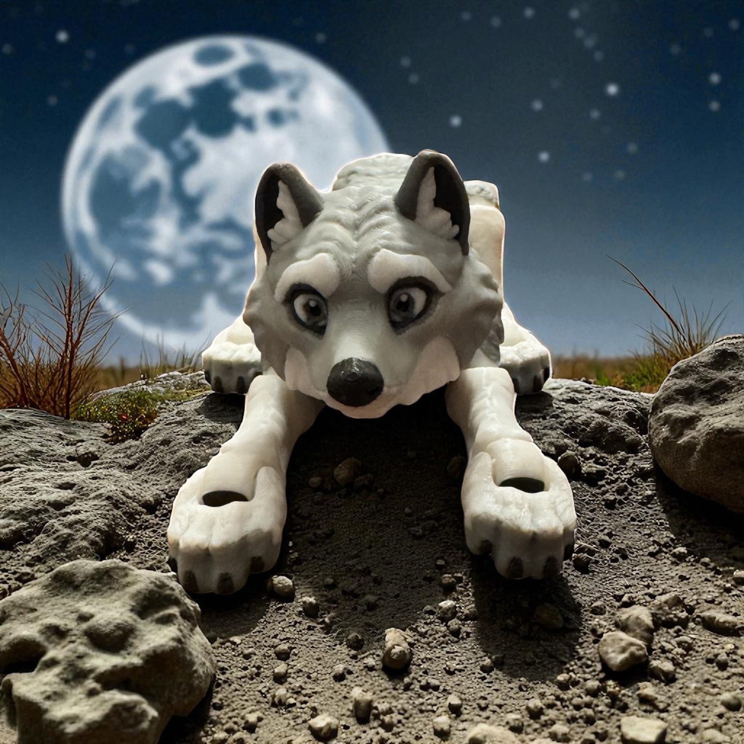 3D printed dragon wolf lying on a rocky surface with a full moon in the background