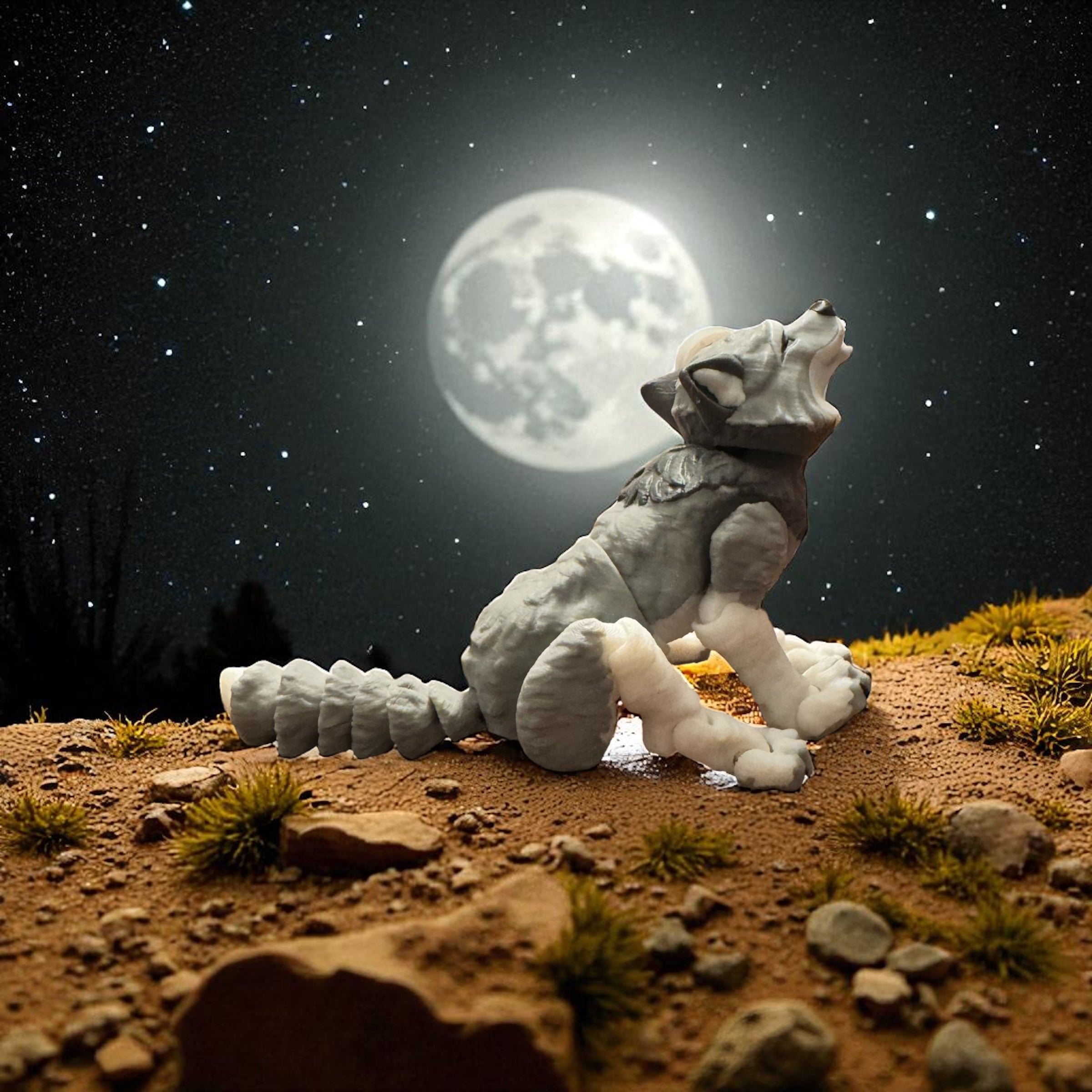 Statue of a howling wolf against a night sky with a full moon