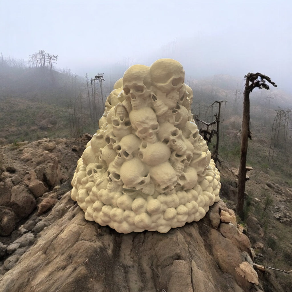 Stack of skulls on a rocky outcrop with a foggy landscape in the background